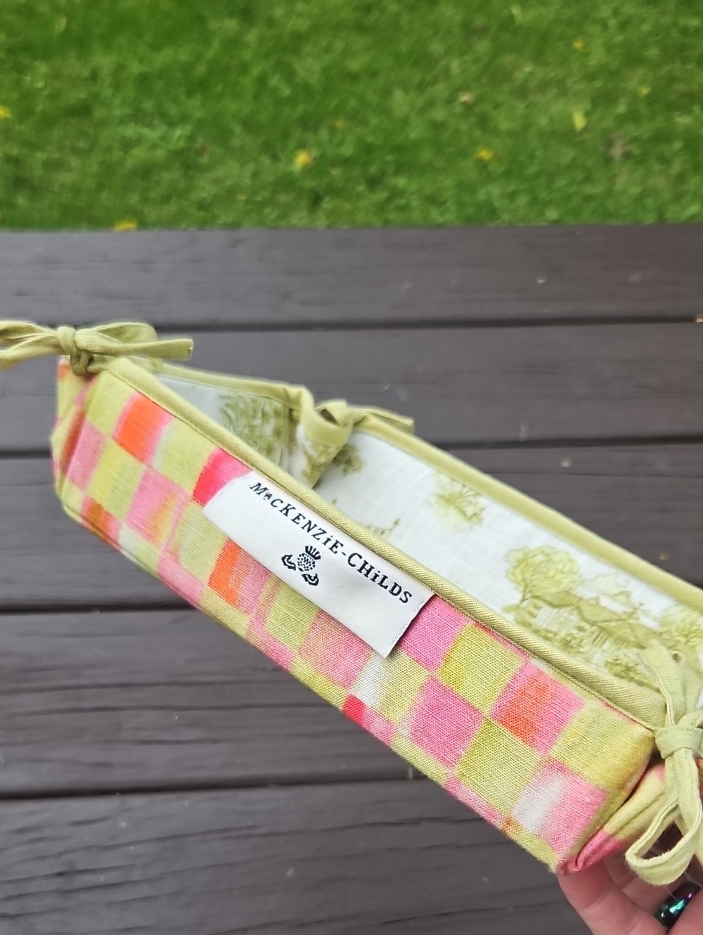MacKenzie-Childs Pink and Yellow Tulip Check And Toile Basket